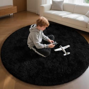 Imagem de EVOIONOS Tapete redondo preto para quarto, 1,5 x 1,5 m, tapetes macios para sala de estar, tapete circular felpudo de pelúcia para piso interno, cabeceira, berçário, lavável na máquina, decoração de