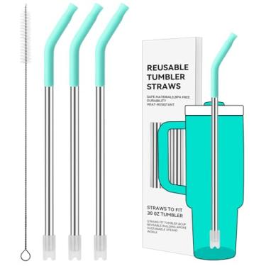 Imagem de Prurex Canudos de metal reutilizáveis com ponta de silicone para Stanley 850 g, canudos de aço inoxidável para copo de 850 g, 3 tubos retos e 6 pontas e 1 escova Cleanr (azul-petróleo tropical)