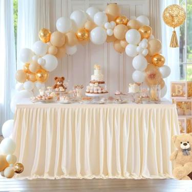 Imagem de Albassa Saia de mesa de poliéster para mesas retangulares, resistente a rugas, plissada, toalha de mesa para banquete, casamento, chá de bebê, mesa de jantar de presente de exibição (bege, 1,82 m, 183