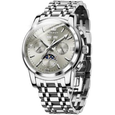 Imagem de OLEVS Relógio de pulso masculino automático esqueleto mecânico com corda automática, luxuoso, moderno, luminoso, à prova d'água, 6633: pulseira prata e mostrador cinza, Japonês