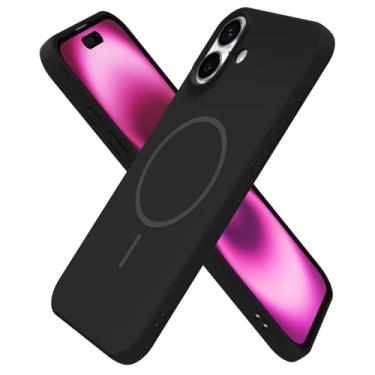 Imagem de oakxco Capa de silicone para iPhone 16 Plus, capa magnética fina e fina compatível com carregamento sem fio Magsafe, capa de gel de borracha macia estética feminina fofa para mulheres e meninas, preta