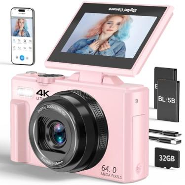 Imagem de Câmera digital 4K para fotografia, câmera vlogging de 64 MP para YouTube com tela flip de 3 polegadas 180°, câmera de ponto de zoom digital 18X e câmera de disparo com cartão micro SD de 32 GB para