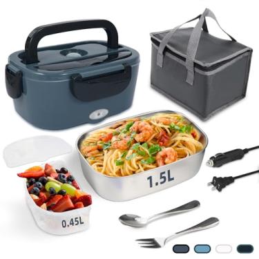 Imagem de SOHIDA Lancheira elétrica, aquecedor de alimentos portátil de 12 V/24 V/110 V com garfo e colher SS para carro/caminhão/escritório, lancheira com aquecimento automático de 80 W com recipiente de aço