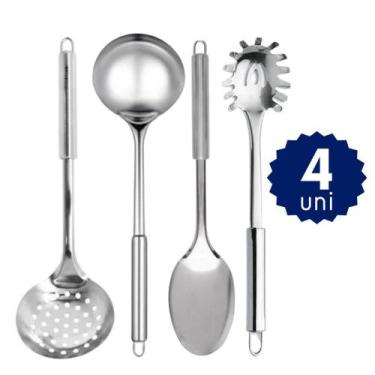 Imagem de Utensílios de Cozinha Inox Kit Completo Colher Concha Escumadeira Espá
