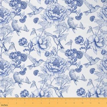 Imagem de jejeloiu Tecido de estofamento floral infantil para cadeiras Tecido de flores azuis e brancas da The Yard 3 jardas para decoração de quarto botânico à prova d'água decoração interna ao ar livre