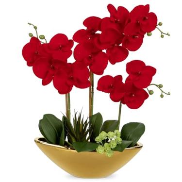 Imagem de Briful Flores artificiais de orquídea de 43 cm, flores vermelhas de seda de orquídea falsa, vaso de cerâmica, arranjo de Phalaenopsis, para casa, escritório, sala de jantar, mesa de jantar, decoração