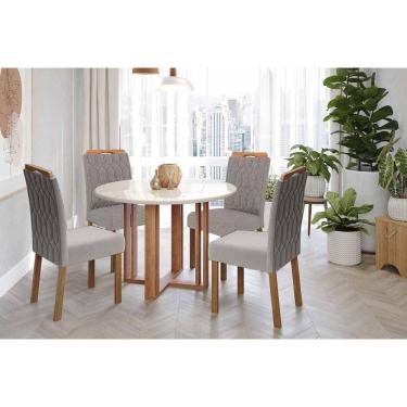 Imagem de Conjunto: Mesa Sala Jantar Flora Tampo Madeirado c/ Vidro 109cm e 4 Cadeiras Paola Nature/Off White - Carvalho/Linho Grafite - Cimol
