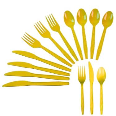 Imagem de Sveikie Conjunto de talheres de plástico resistente descartáveis com 240 peças, incluindo garfos, facas e colheres de festa amarelos, 80 peças cada, adequado para festas, casamentos, aniversários