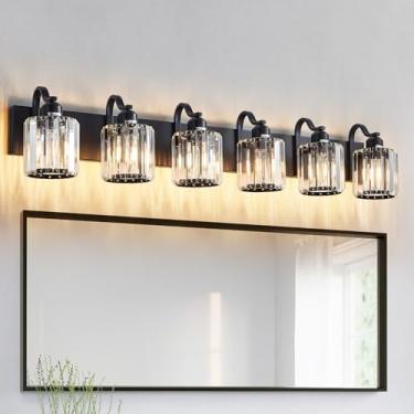 Imagem de Aixialin Luzes de banheiro de cristal preto 6 luzes de cristal para banheiro luminárias sobre espelho moderno fosco preto fosco luzes de parede de banho com sombra redonda (exclui lâmpada)