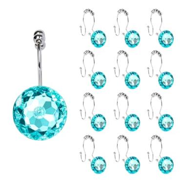 Imagem de Sunlit Design de luxo redondo azul-petróleo diamante cristal pedra brilhante com bolas deslizantes ganchos de cortina de chuveiro duplos para cortinas de chuveiro de sereia, à prova de ferrugem, anéis