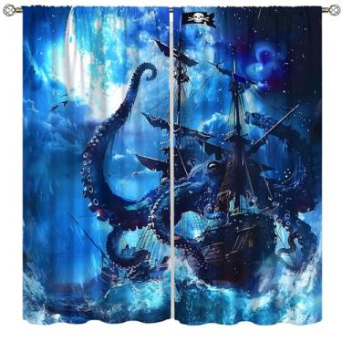 Imagem de AAVEUP Cortinas de navio pirata, fantasia terror oceano polvo mar monstro esqueleto decoração de janela tratamentos de janela, cortinas de bolso de haste com isolamento térmico para crianças, meninos