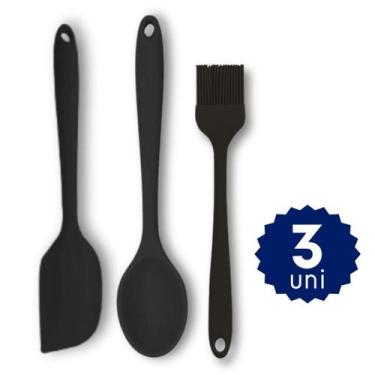 Imagem de Kit Silicone 3 Utensílio Básico Colher Espátula Pão Dura Pincel Cozinh
