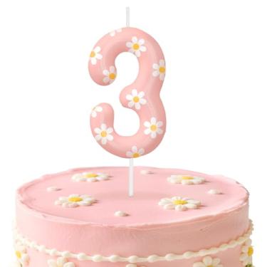 Imagem de Velas de aniversário rosa número 3, enfeite de bolo com tema de margarida para meninos e meninas, decorações de aniversário, suprimentos de festa, velas numéricas para decoração de festa