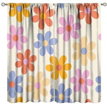 Imagem de Cortinas florais retrô dos anos 70, hippie, estampa de flores coloridas, cortinas blackout para quarto, sala de estar, cozinha, café, decoração (L53 x C 150 cm) x 2 painéis