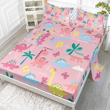 Imagem de Axolotl Lindos lençóis de dinossauros tamanho queen, jogo de lençóis de dinossauros para meninas, conjunto de cama de dinossauro, lençóis com elástico para crianças, meninas, adolescentes, amantes de dinossauros, 1 lençol plano 1 lençol com elástico 2 fronhas, rosa
