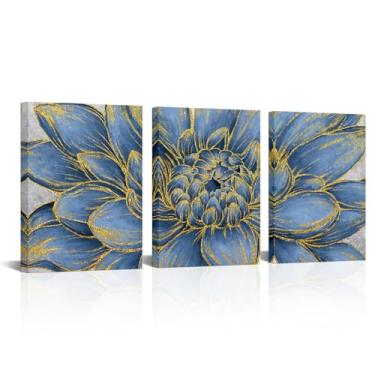 Imagem de WELMECO Arte de parede floral com pintura de textura dourada impressões em tela emoldurada, imagem de flor rústica, quarto, sala de estar, banheiro, decoração de parede, 30 x 40 x 3 peças (azul)