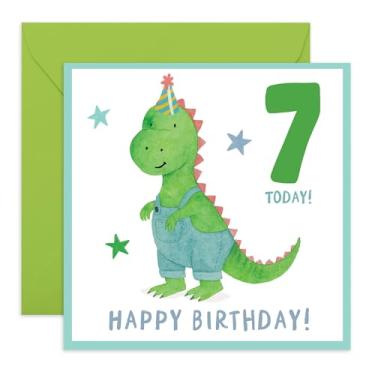 Imagem de CENTRAL 23 Cartão de aniversário de 7 anos para meninos – Dinossauro fofo em jardineiras – Cartão de aniversário de 7 anos para ele, filho, neto, sobrinho – Presente de saudação, amantes de