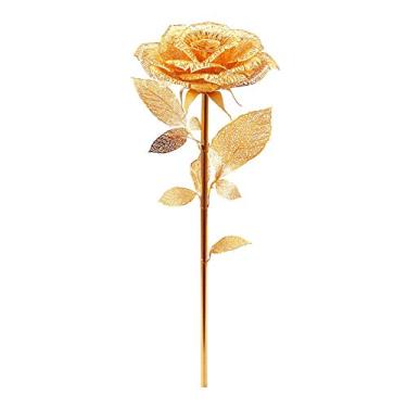 Imagem de Piececool Kits de modelos de flores rosas de metal 3D, blocos de construção de metal com flores artificiais, quebra-cabeça 3D DIY para adultos, para pai e mãe, dia dos namorados, 15 peças, ouro