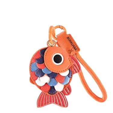 Imagem de Capa de couro compatível com AirTag, linda capa protetora com chaveiro e cordão, antiarranhões, rastreador GPS para chaves, bolsa, animais de estimação, mochila (peixe vermelho)