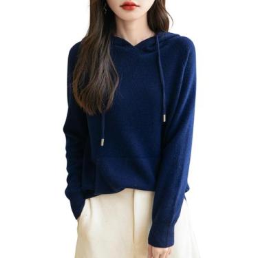 Imagem de Moletom feminino Chanyarn 100% lã merino outono inverno azul marinho