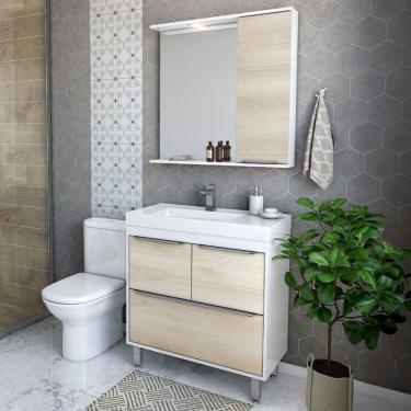 Imagem de Armário de Banheiro Paris 3 Portas 1 Gaveta Branco/Legno Crema - Ozini Móveis