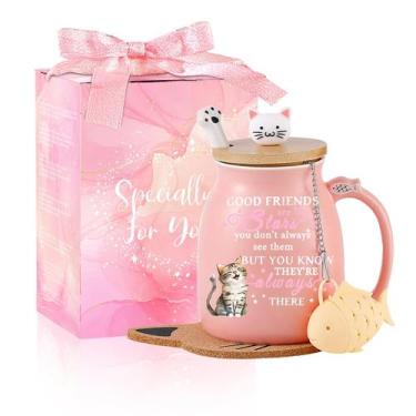 Imagem de Caneca de cerâmica para gatos BigNoseDeer 380 ml, xícara de chá rosa, 