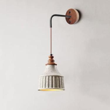 Imagem de Luminária de parede de madeira retrô, luminária de parede de cimento vintage, luminária rústica de parede de concreto Wabi Sabi, luminária de decoração de fio de madeira maciça nórdica moder