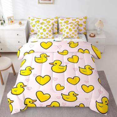 Imagem de Erosebridal Jogo de cama casal fofo de pato fofo em uma bolsa, de borracha amarela, pato kawaii, para crianças, meninas, meninos, rosa, lençol de cima, lençol de cima, fronhas