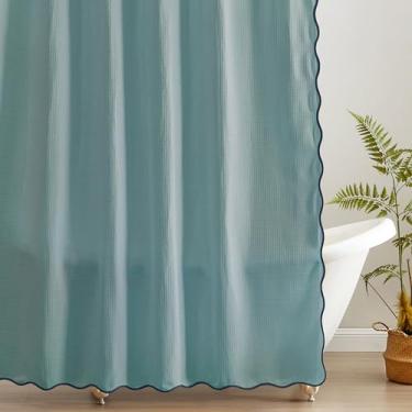 Imagem de MONDAY MOOSE Cortina de chuveiro de trama waffle recortada com orifícios de metal à prova de ferrugem para banheiro, lavável na máquina, ganchos incluídos (183 x 183 cm, azul escuro/azul celeste)