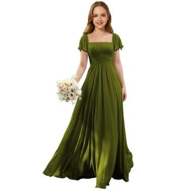 Imagem de Vestido Augday Chiffon Ruched Flower Girl verde oliva tamanho 10