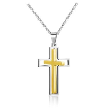 Imagem de BOPREINA Colar com cruz para homens, prata, preto, ouro, aço inoxidável, simples, pingente de cruz giratória, crucifixo inspirador, fé, religioso, para homens e mulheres, Metal, Sem Pedra Preciosa