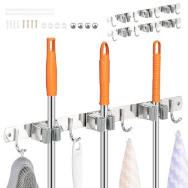 Imagem de 2 peças de suporte para esfregão e vassoura, organizador de ferramentas de armazenamento de esfregão e vassoura, aço inoxidável, resistente, organizador de ferramentas de cozinha, 3 prateleiras com 4