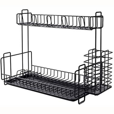 Imagem de Escorredor de louça duplo de grande capacidade, escorredor de pratos com bandeja de drenagem, conjunto de drenagem, para armazenamento de balcão de cozinha