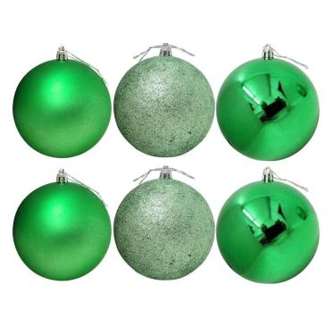 Imagem de Conjunto 6 Bolas de Natal Verde Prime Texturas Mistas 10cm Glitter, Brilho e Fosca
