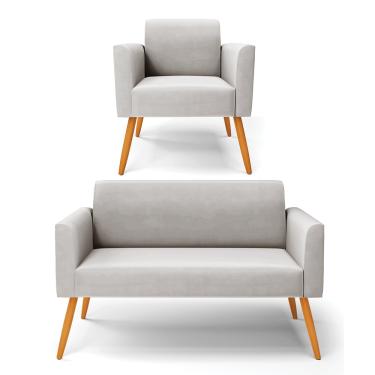 Imagem de Sofá Namoradeira com Poltrona Pés Palito Castanho Marisa Veludo Cinza D03 - D'Rossi