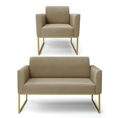 Imagem de Sofá Namoradeira com Poltrona Base Industrial Dourado Marisa Suede Marrom Rato D03 - D?Rossi