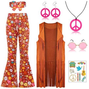 Imagem de Traje SIZGAROOT Hippie para meninas, crianças dos anos 60 e 70, marrom