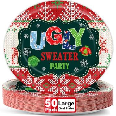Imagem de 50 peças, suéteres feios de Natal, pratos ovais de papel, grande, 28 cm, bandeja de papel descartável, para decoração de feliz natal, suprimentos de festa de fim de ano, utensílios de mesa