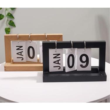 Imagem de GLOGLOW Calendário de Mesa de Madeira, Flip Chart Reutilizável Com Acabamento Brilhante, Ornamento de Mesa de Madeira de Pinho para Decoração de Casa e Escritório (Preto)