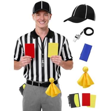 Imagem de SOMSOC Conjunto de fantasia de árbitro oficial masculina de árbitro camisa oficial de árbitro preta e branca gola listrada cartões chapéu apito bandeira de penalidade saco de areia necessidades de árbitro de rugby