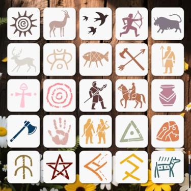Imagem de MAYJOYDIY 25 peças de estêncil de runas de petróglifo, estêncil, tema tribo, para pintura, 14 × 14 cm, modelo de desenho de placa de nativo americano com pincel para parede, móveis, papel, tela