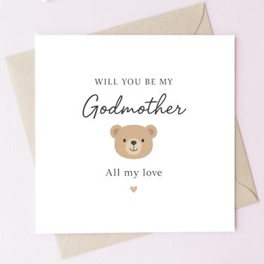 Imagem de TEEMI - Cartão Will You Be My Godmother - Cartão de proposta de batismo de bebê com design de urso fofo - presente de pedido de padrinho, saudação de anúncio de madrinha, 14 x 14 cm com envelope