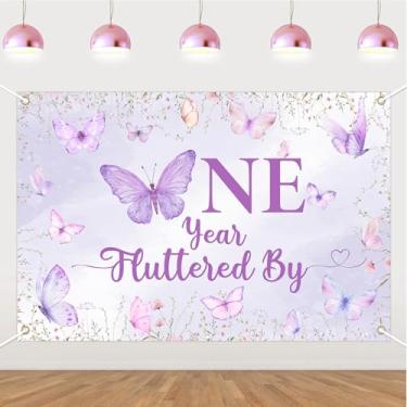 Imagem de Cheerupp Pano de fundo de 1º aniversário com tema borboleta de 1,8 x 1,2 m, tremulado pelo fundo de fotografia de aniversário, faixa de fundo floral de jardim para decoração de festa de primeiro