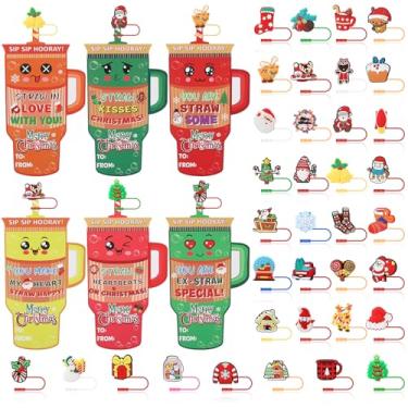 Imagem de Ovveroche Pacote com 72 cartões de Natal com tampas de palha de 10 mm compatíveis com copo Stanley Cup, cartões de dia de Natal para crianças, escola, sala de aula, troca, lembrancinhas de festa