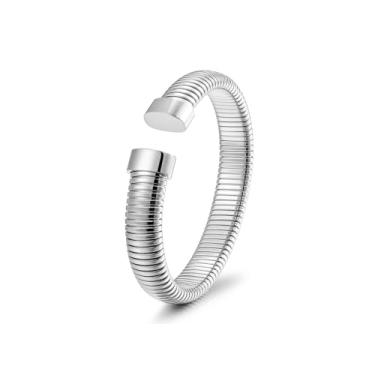 Imagem de CIUNOFOR Pulseiras de prata para mulheres, pulseira elástica de espinha de peixe com círculo interno de 16,5 cm, pulseira flexível e grossa em camadas para presentes dela