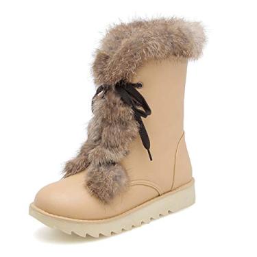 Imagem de Bigfanshu Botas femininas de inverno com plataforma antiderrapante de pele femininas impermeáveis no tornozelo botas de neve quentes sapatos de salto anabela moda ao ar livre para ocasiões de abertura com gancho e laço botas de combate acima do joelho, Bege, 34 BR
