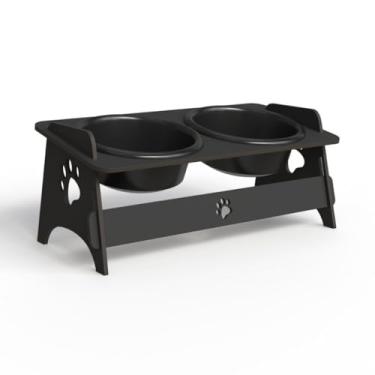 Imagem de Comedouro Elevado Inclinável Pet Ração e Água Para Cachorros e Gatos em MDF Com 1 Ou 2 Potes Tigela(Preto,2 Potes)