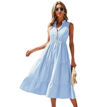 Imagem de Floerns Vestido midi feminino listrado com gola entalhada sem mangas com babados, Azul, G