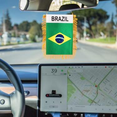 Imagem de 10 x 15 cm Bandeira para pendurar janela com franjas do Brasil - Mini bandeira e decoração de espelho retrovisor de carro - Franja e dupla face - Bandeira brasileira pendurada com ventosa