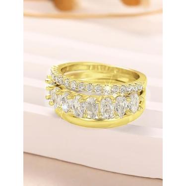 Imagem de Um conjunto de anéis brilhantes de três peças com design geométrico para mulheres, requintados, leves e luxuosos, joias finas, decoração de namoro para festa de formatura, Cobre, Sem pedra preciosa